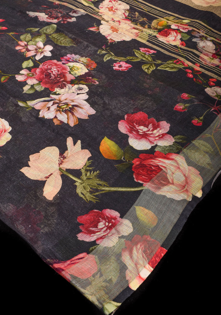 Black Silk Linen Saree with Rose Blomming Digital Print and Woven Zari Borders