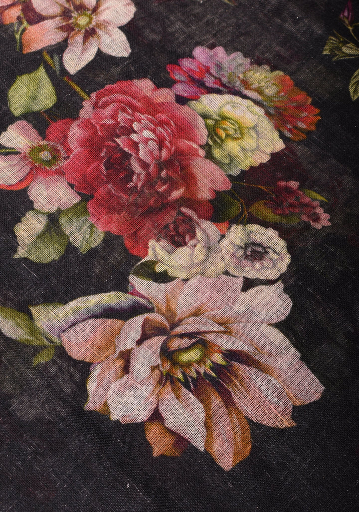 Black Silk Linen Saree with Rose Blomming Digital Print and Woven Zari Borders