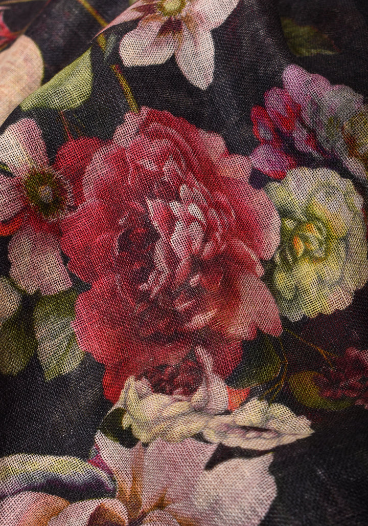Black Silk Linen Saree with Rose Blomming Digital Print and Woven Zari Borders