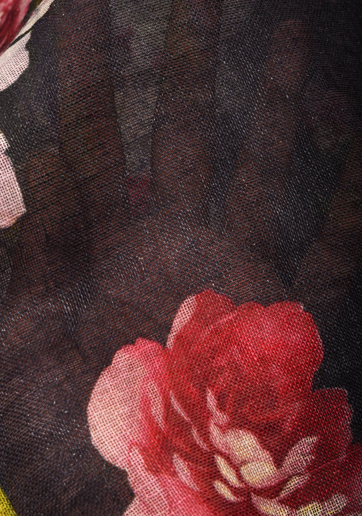 Black Silk Linen Saree with Rose Blomming Digital Print and Woven Zari Borders