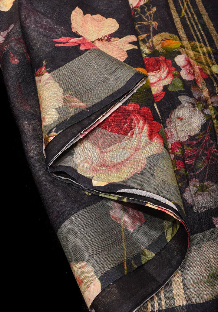 Black Silk Linen Saree with Rose Blomming Digital Print and Woven Zari Borders