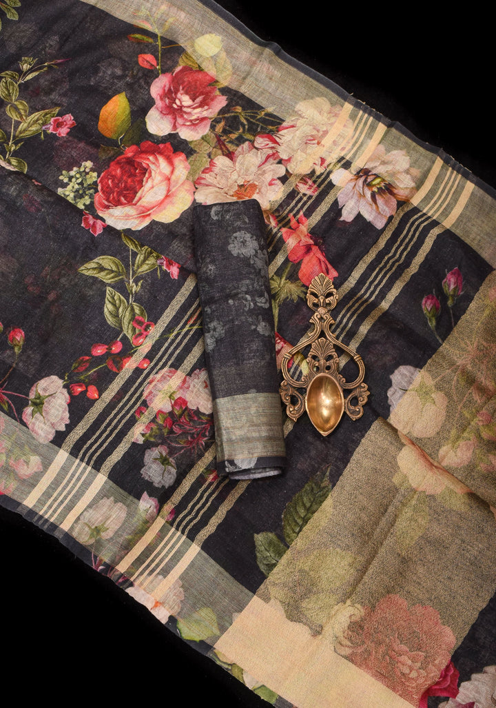 Black Silk Linen Saree with Rose Blomming Digital Print and Woven Zari Borders