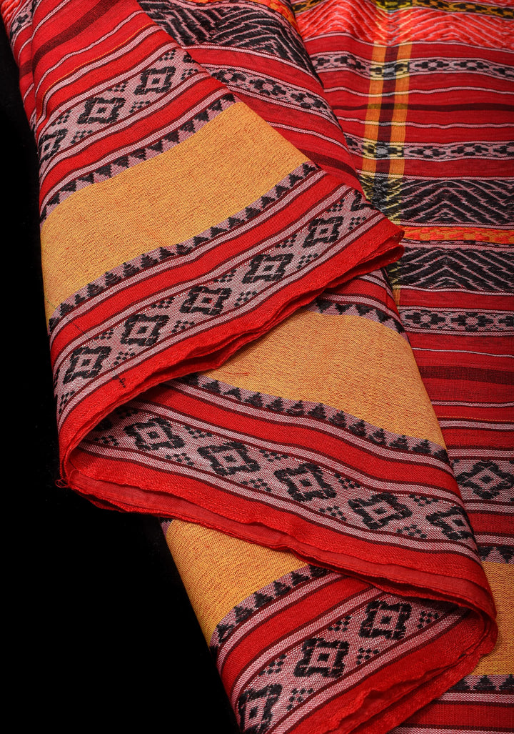 Red Bengal Cotton Saree with Multicolor weave stripes!