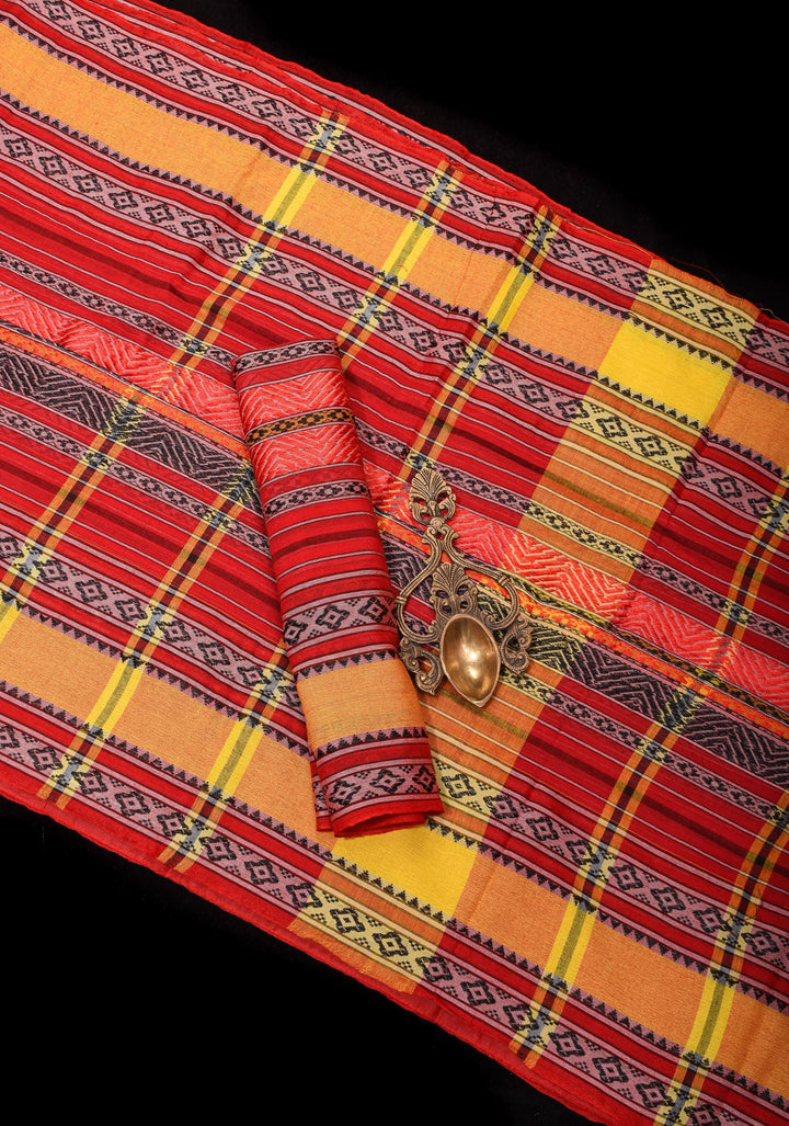 Red Bengal Cotton Saree with Multicolor weave stripes!