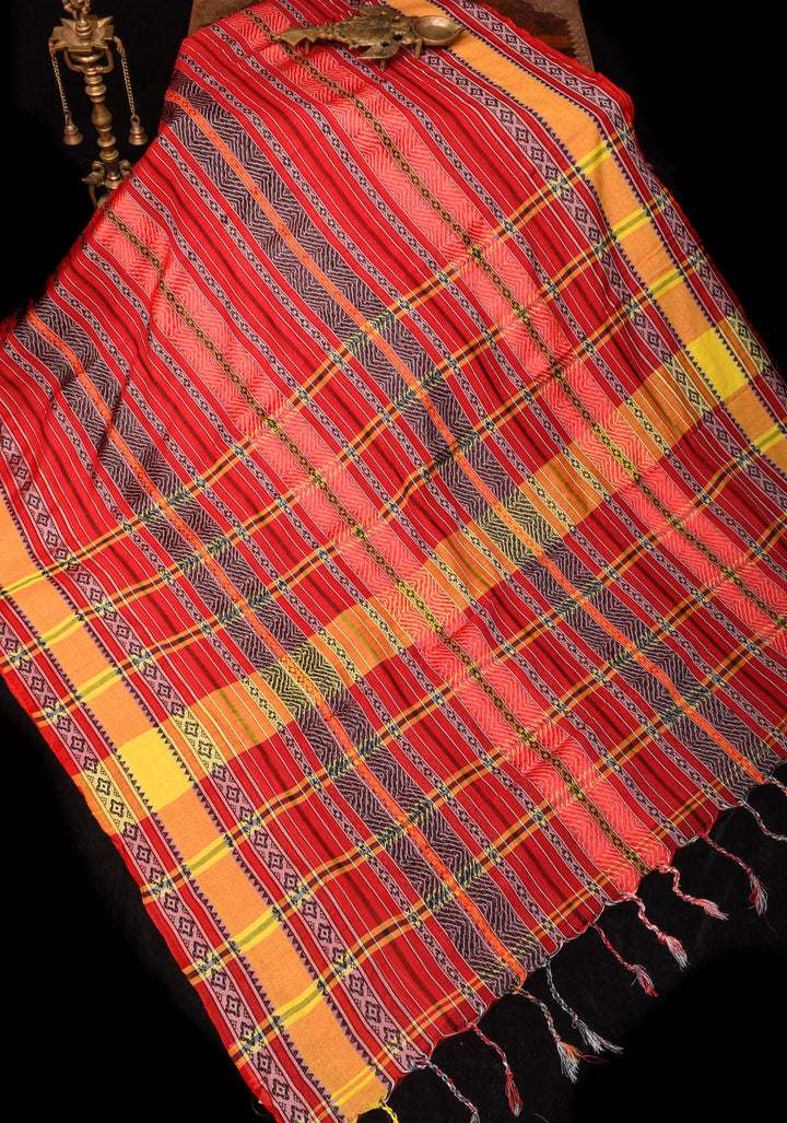 Red Bengal Cotton Saree with Multicolor weave stripes!