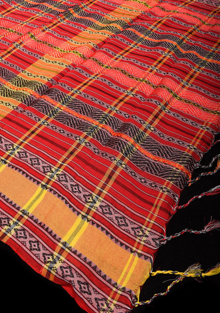 Red Bengal Cotton Saree with Multicolor weave stripes!