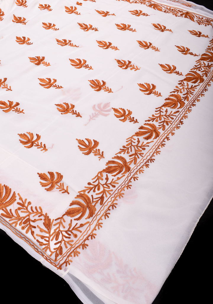 Kashmiri Aari Embroidery Georgette Saree in White with Maple leaf Motifs No Blouse Piece