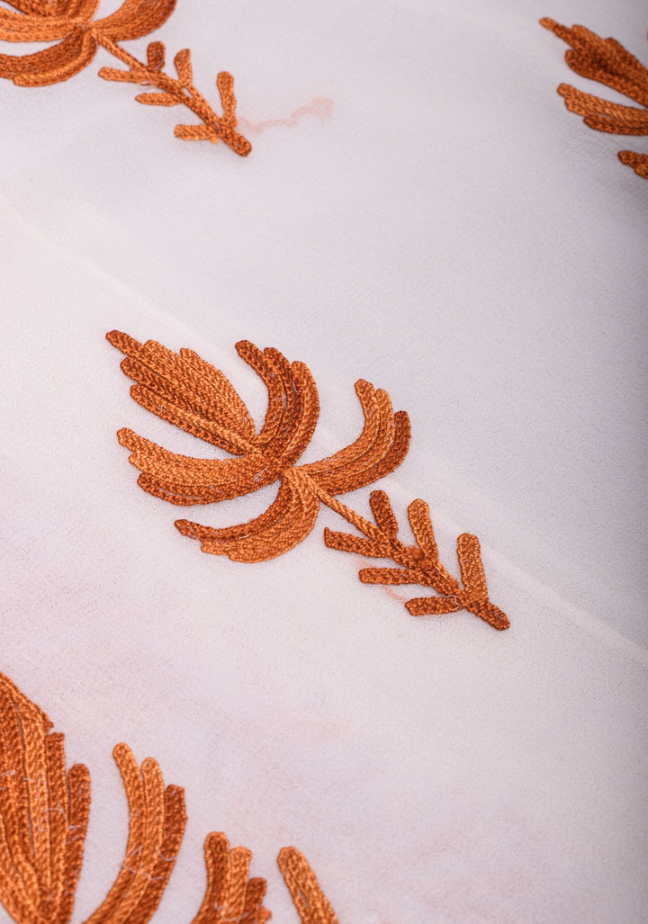 Kashmiri Aari Embroidery Georgette Saree in White with Maple leaf Motifs No Blouse Piece