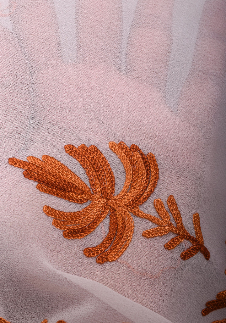 Kashmiri Aari Embroidery Georgette Saree in White with Maple leaf Motifs No Blouse Piece