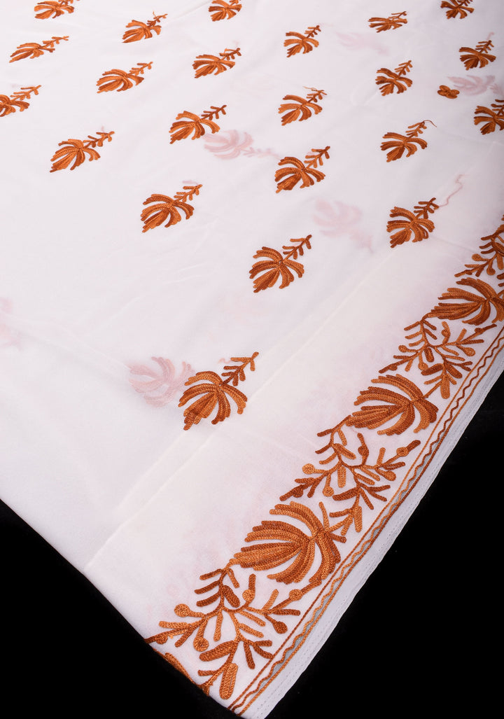 Kashmiri Aari Embroidery Georgette Saree in White with Maple leaf Motifs No Blouse Piece