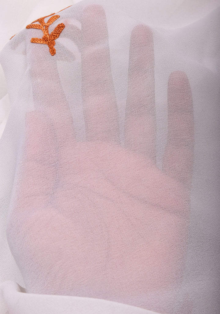 Kashmiri Aari Embroidery Georgette Saree in White with Maple leaf Motifs No Blouse Piece