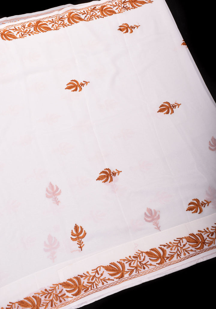 Kashmiri Aari Embroidery Georgette Saree in White with Maple leaf Motifs No Blouse Piece