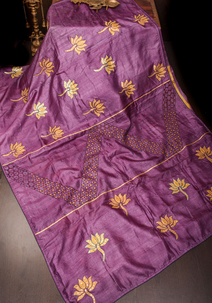 Purple Lotus Batik Gachi Tussar Silk Saree with Mirror Work | CERTIFIED SILK