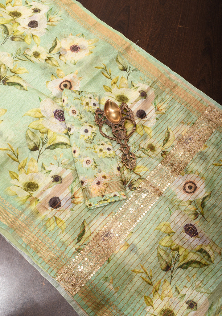 Silk Linen Saree in Pista Green with floral digital print and zari border