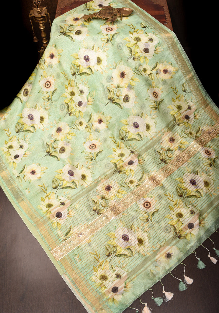 Silk Linen Saree in Pista Green with floral digital print and zari border