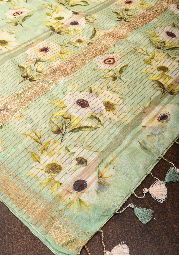Silk Linen Saree in Pista Green with floral digital print and zari border