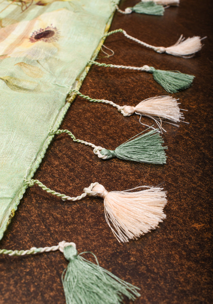 Silk Linen Saree in Pista Green with floral digital print and zari border