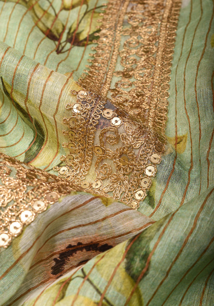 Silk Linen Saree in Pista Green with floral digital print and zari border