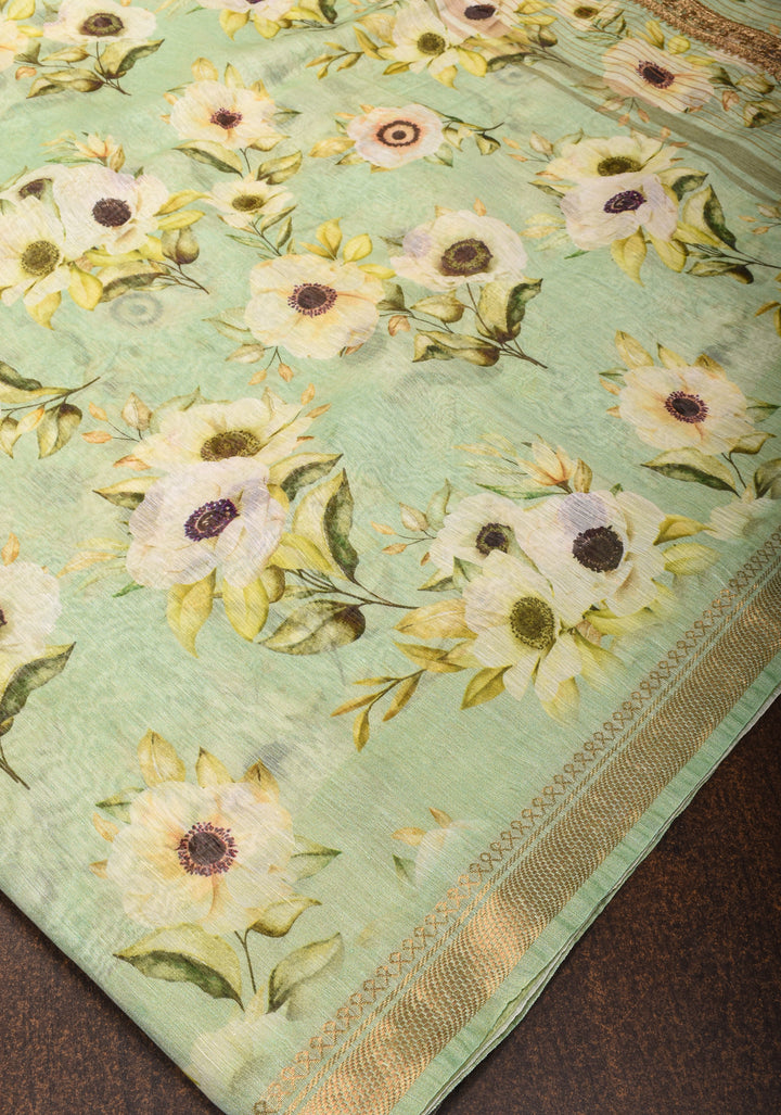 Silk Linen Saree in Pista Green with floral digital print and zari border