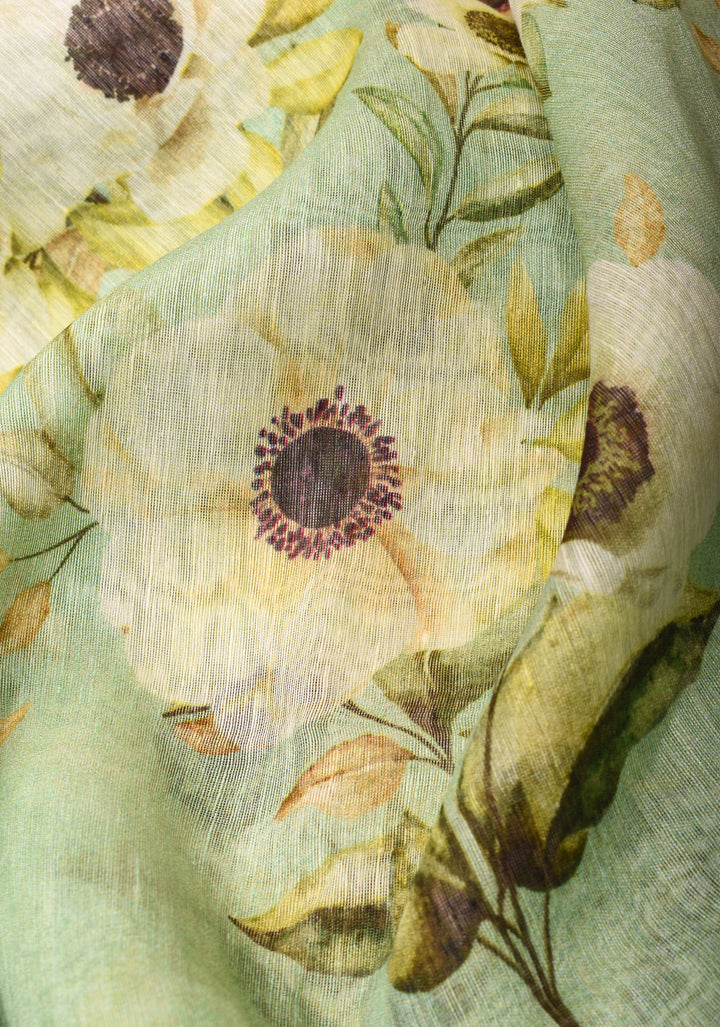 Silk Linen Saree in Pista Green with floral digital print and zari border