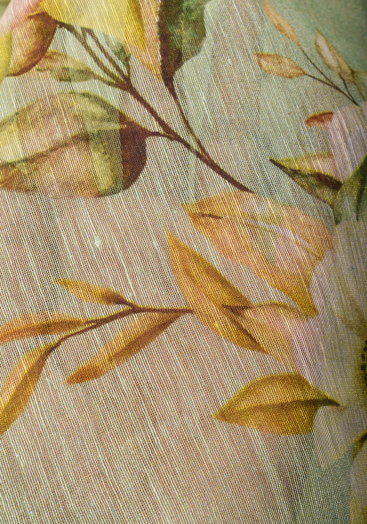 Silk Linen Saree in Pista Green with floral digital print and zari border