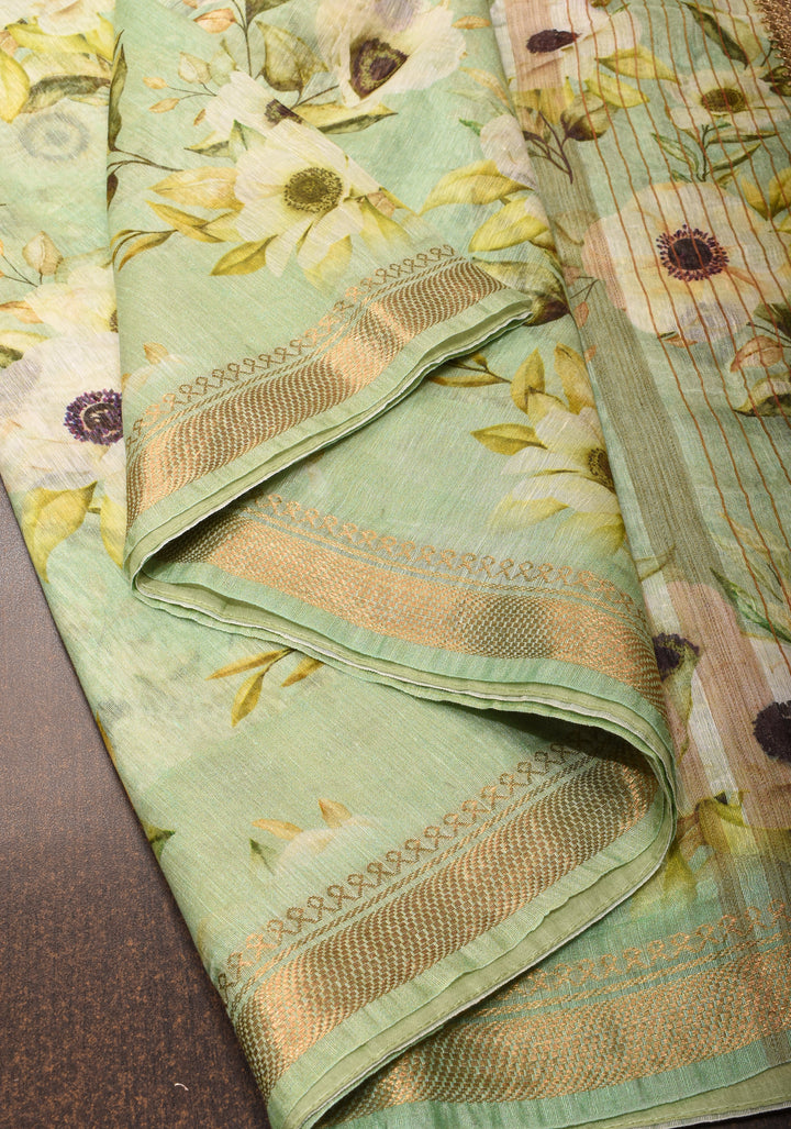 Silk Linen Saree in Pista Green with floral digital print and zari border