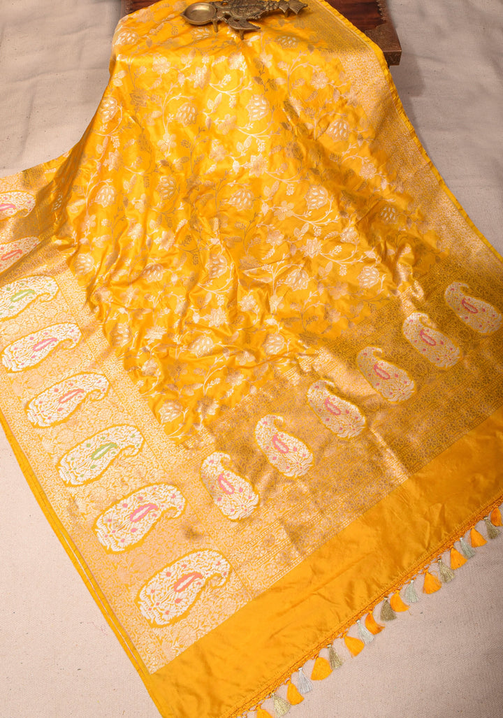 Yellow Banarasi Katan Silk Saree with Large Paisley Motifs and Floral Border  | SILK MARK CERTIFIED