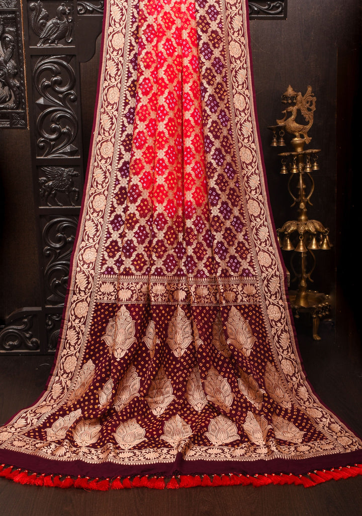 Authentic Red Brown Ombre Bandhej Silk Georgette Saree with Zari Jaal  | SILK MARK CERTIFIED
