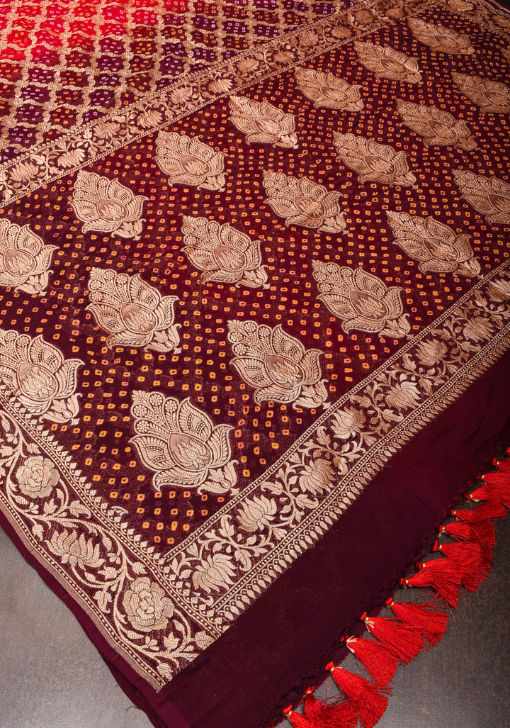 Authentic Red Brown Ombre Bandhej Silk Georgette Saree with Zari Jaal  | SILK MARK CERTIFIED