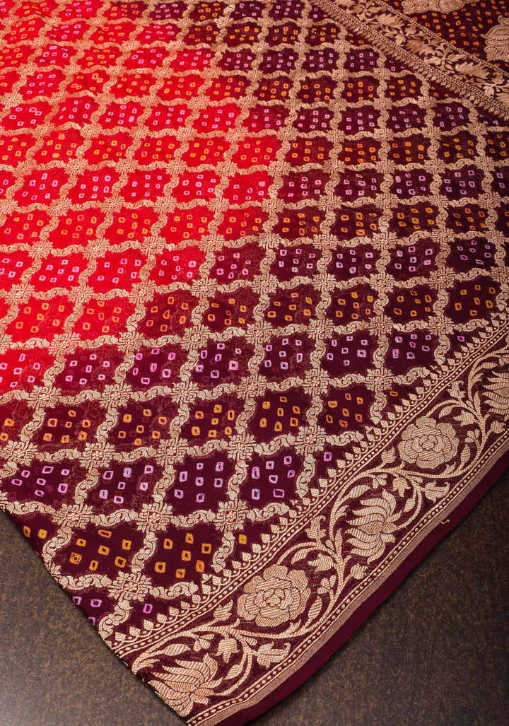 Authentic Red Brown Ombre Bandhej Silk Georgette Saree with Zari Jaal  | SILK MARK CERTIFIED