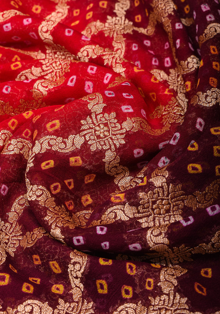 Authentic Red Brown Ombre Bandhej Silk Georgette Saree with Zari Jaal  | SILK MARK CERTIFIED
