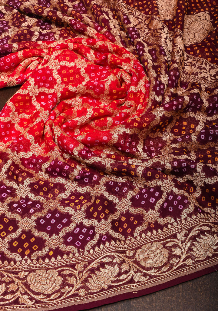 Authentic Red Brown Ombre Bandhej Silk Georgette Saree with Zari Jaal  | SILK MARK CERTIFIED