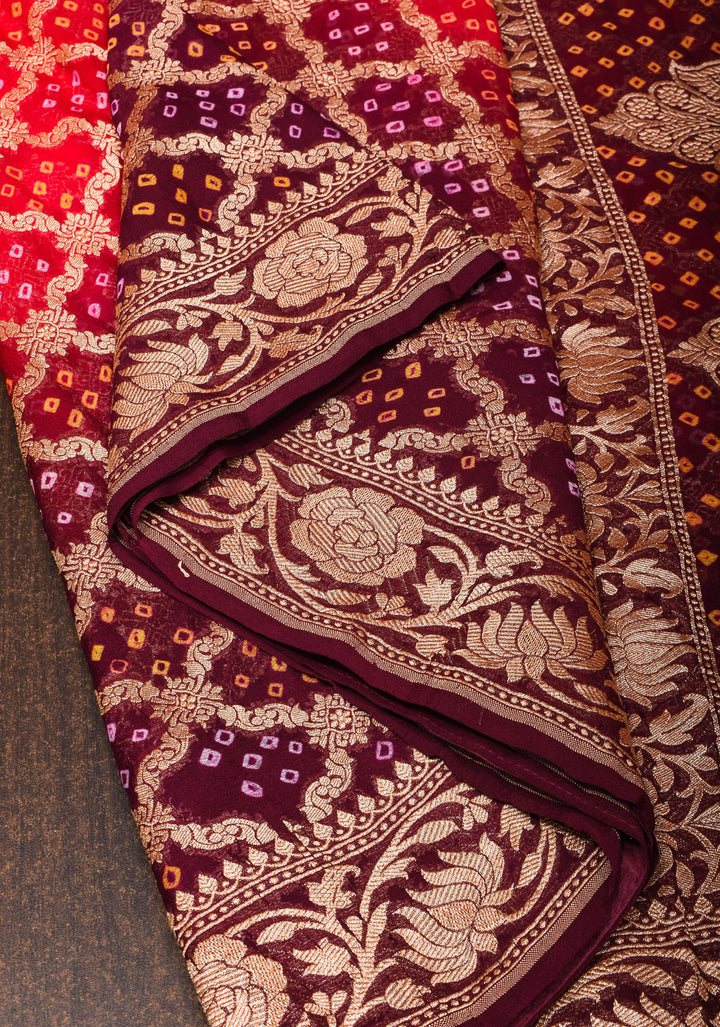 Authentic Red Brown Ombre Bandhej Silk Georgette Saree with Zari Jaal  | SILK MARK CERTIFIED