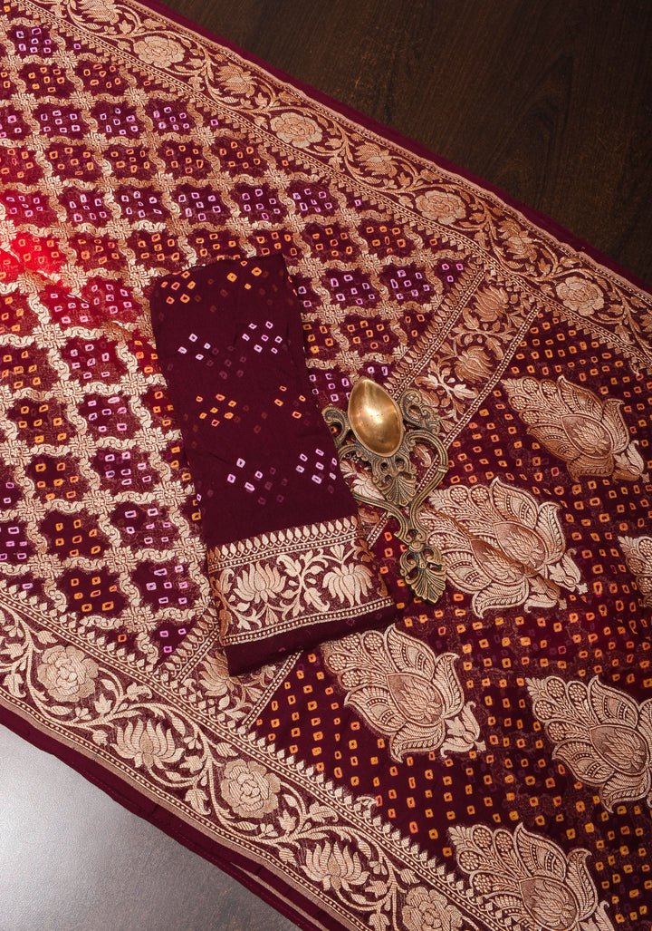 Authentic Red Brown Ombre Bandhej Silk Georgette Saree with Zari Jaal  | SILK MARK CERTIFIED