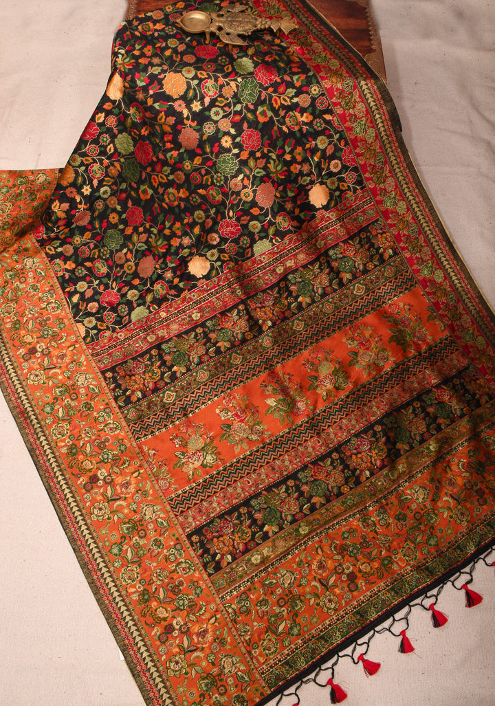 Black Rayon Saree with Kani Design and Floral Design