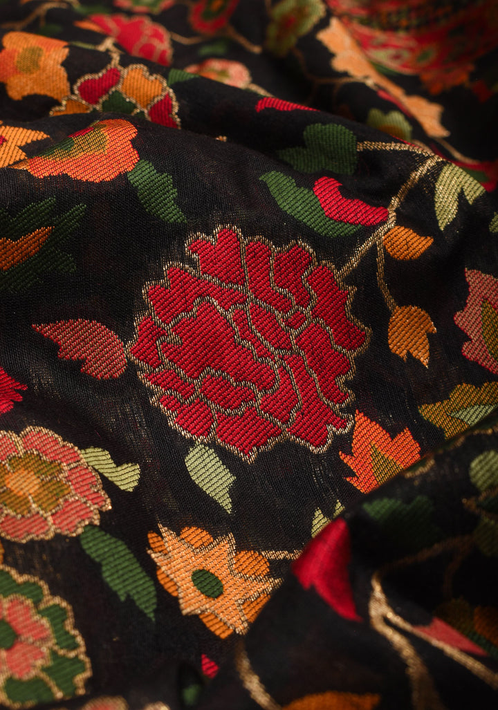 Black Rayon Saree with Kani Design and Floral Design