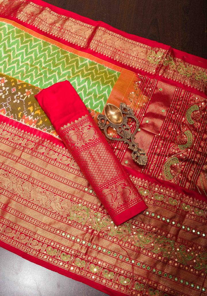 Green Mustard Ikkat Kanjivaram Fusion Saree with Chevron Pattern and Sequins, Cutdana and Hand Embroidery   | SILK MARK CERTIFIED