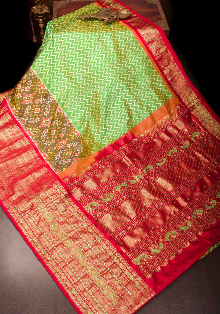 Green Mustard Ikkat Kanjivaram Fusion Saree with Chevron Pattern and Sequins, Cutdana and Hand Embroidery   | SILK MARK CERTIFIED
