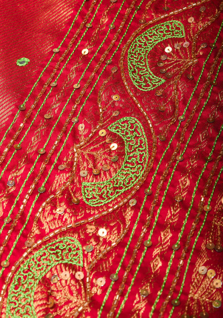 Green Mustard Ikkat Kanjivaram Fusion Saree with Chevron Pattern and Sequins, Cutdana and Hand Embroidery   | SILK MARK CERTIFIED