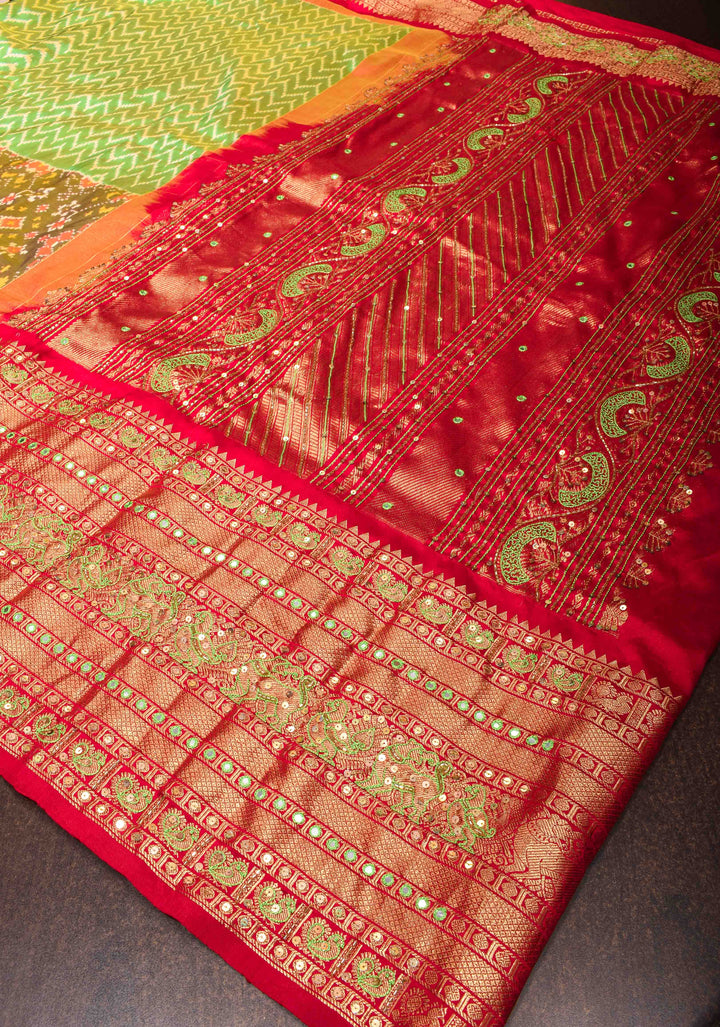 Green Mustard Ikkat Kanjivaram Fusion Saree with Chevron Pattern and Sequins, Cutdana and Hand Embroidery   | SILK MARK CERTIFIED