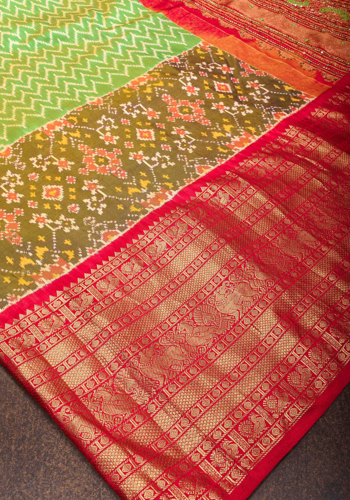 Green Mustard Ikkat Kanjivaram Fusion Saree with Chevron Pattern and Sequins, Cutdana and Hand Embroidery   | SILK MARK CERTIFIED