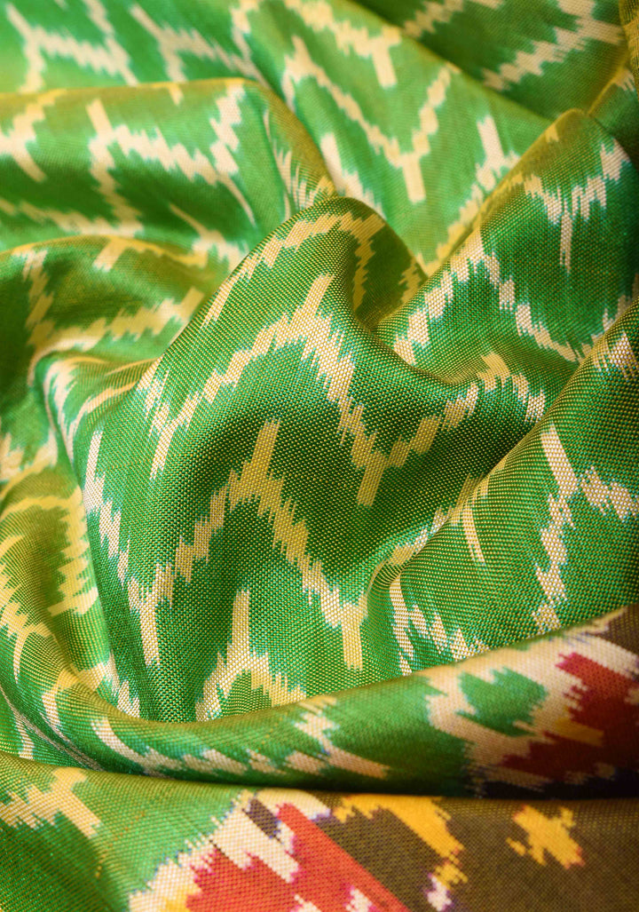 Green Mustard Ikkat Kanjivaram Fusion Saree with Chevron Pattern and Sequins, Cutdana and Hand Embroidery   | SILK MARK CERTIFIED