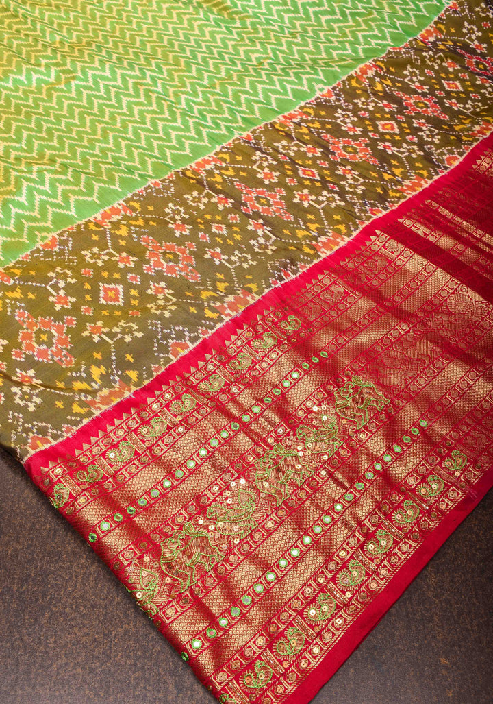 Green Mustard Ikkat Kanjivaram Fusion Saree with Chevron Pattern and Sequins, Cutdana and Hand Embroidery   | SILK MARK CERTIFIED