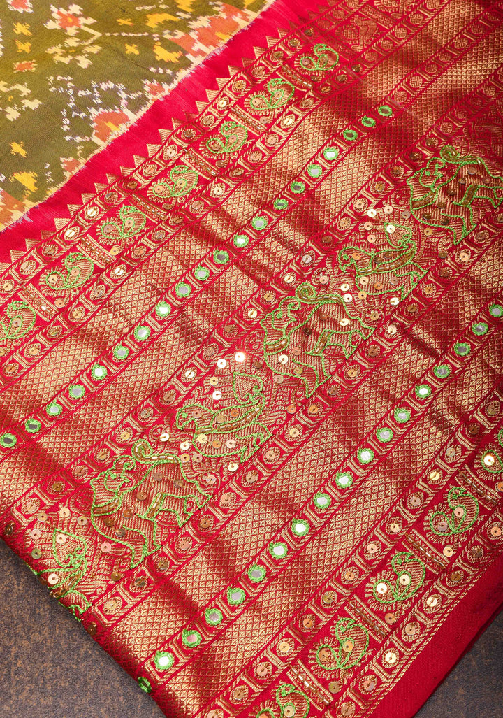 Green Mustard Ikkat Kanjivaram Fusion Saree with Chevron Pattern and Sequins, Cutdana and Hand Embroidery   | SILK MARK CERTIFIED
