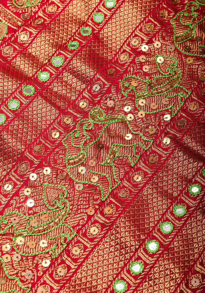 Green Mustard Ikkat Kanjivaram Fusion Saree with Chevron Pattern and Sequins, Cutdana and Hand Embroidery   | SILK MARK CERTIFIED