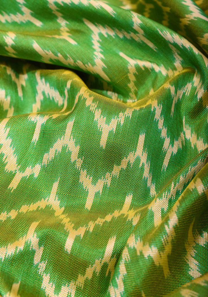 Green Mustard Ikkat Kanjivaram Fusion Saree with Chevron Pattern and Sequins, Cutdana and Hand Embroidery   | SILK MARK CERTIFIED
