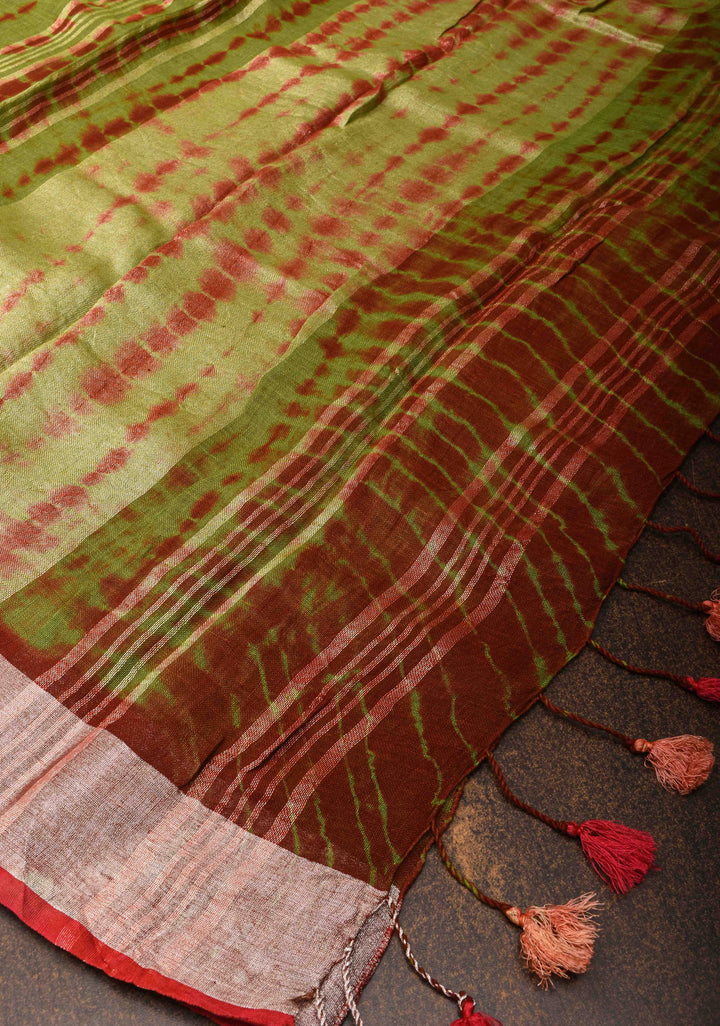 Green Authentic Shibori on Pure Linen by Linen Saree with Zari Border