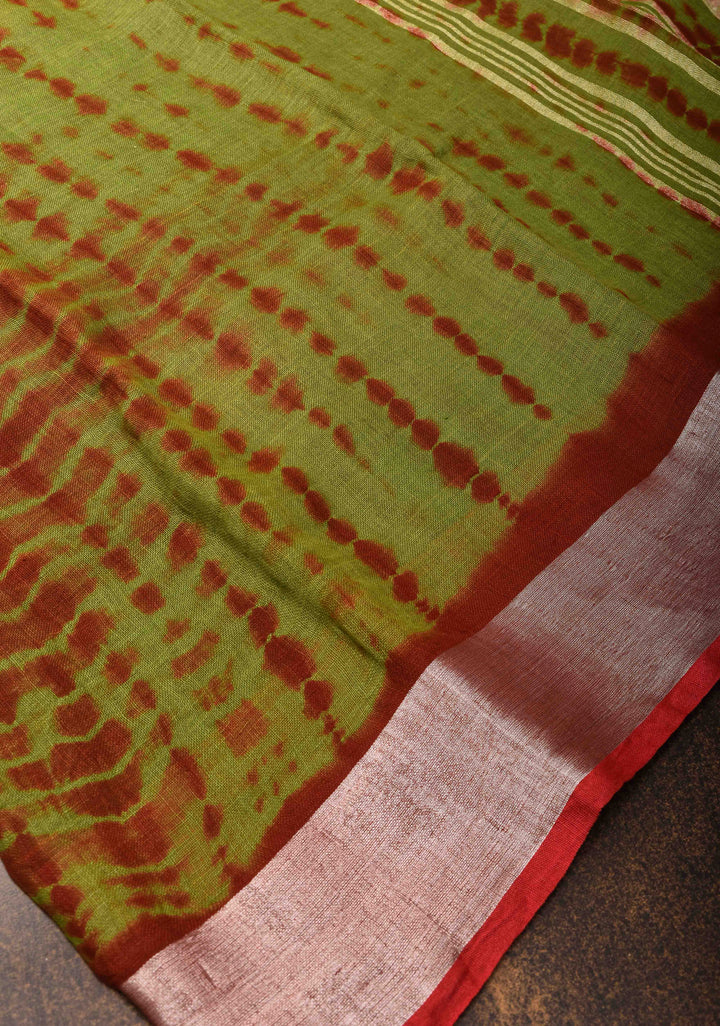 Green Authentic Shibori on Pure Linen by Linen Saree with Zari Border