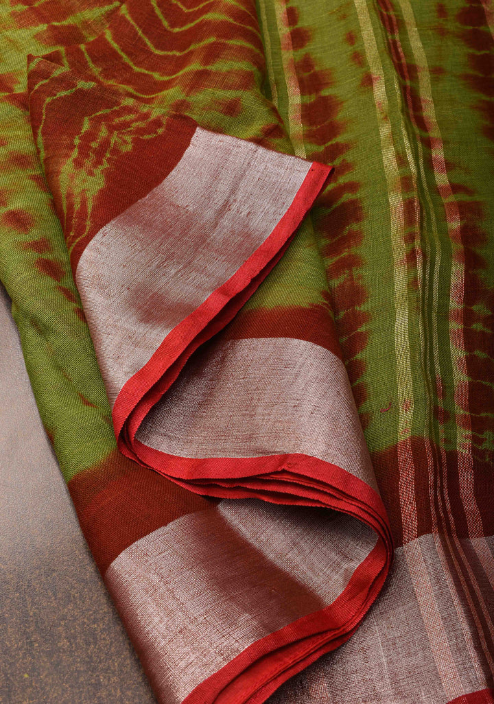 Green Authentic Shibori on Pure Linen by Linen Saree with Zari Border
