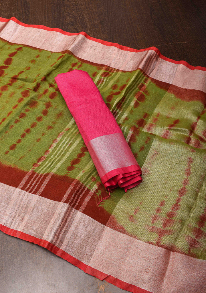 Green Authentic Shibori on Pure Linen by Linen Saree with Zari Border